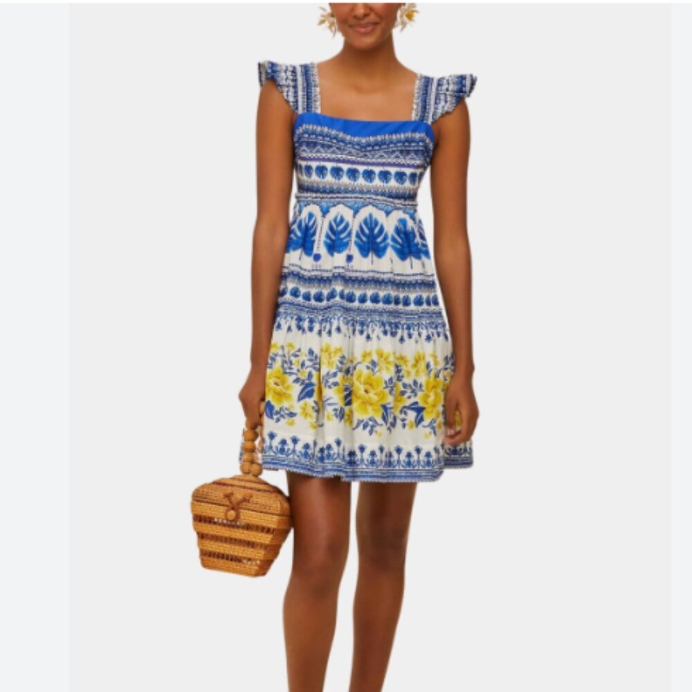 Never worn FARM Rio Blue and Yellow Floral mini Dress